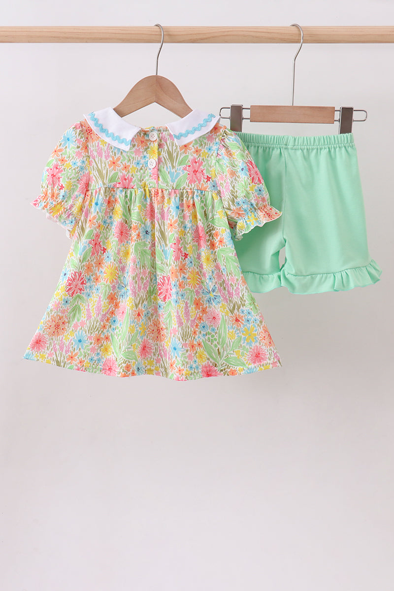 Pink floral print puff sleeve ruffle shorts set - Aaria Tees Aaria Tees