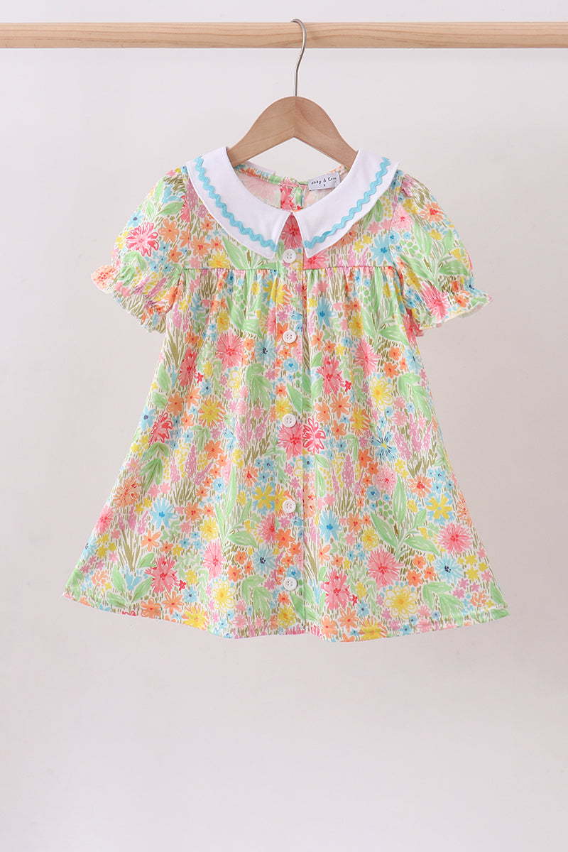 Pink floral print puff sleeve ruffle dress - Aaria Tees Aaria Tees