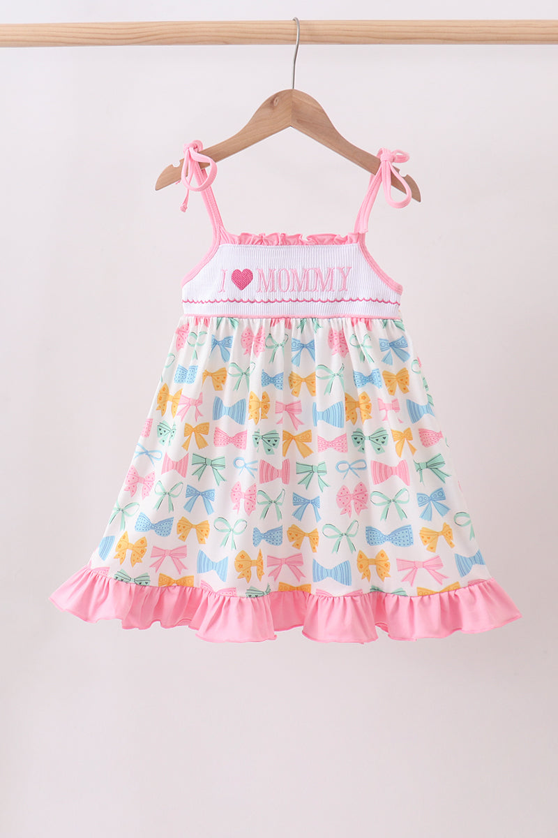 Pink bow I love MOMMY smocked ruffle dress - Aaria Tees
