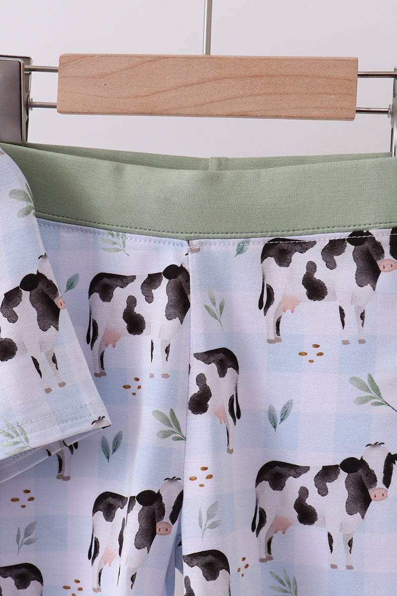 Blue cow print bamboo gingham shorts set - Aaria Tees Aaria Tees