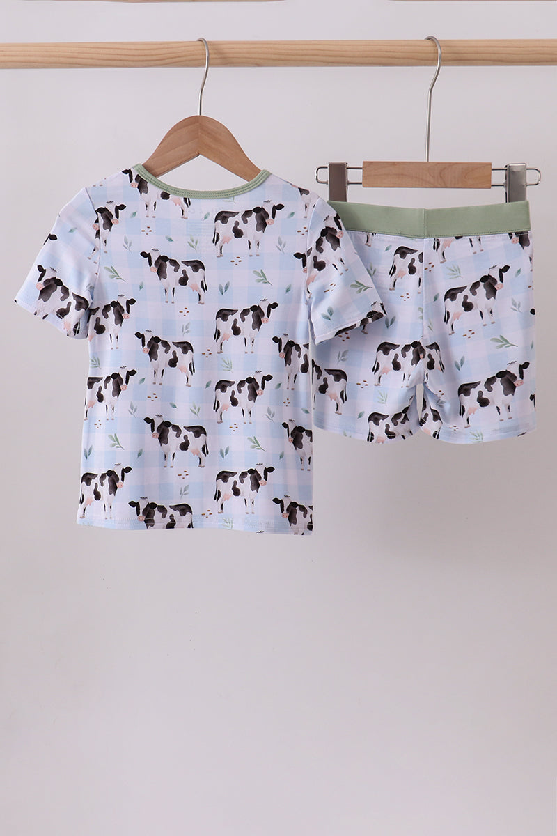 Blue cow print bamboo gingham shorts set - Aaria Tees Aaria Tees