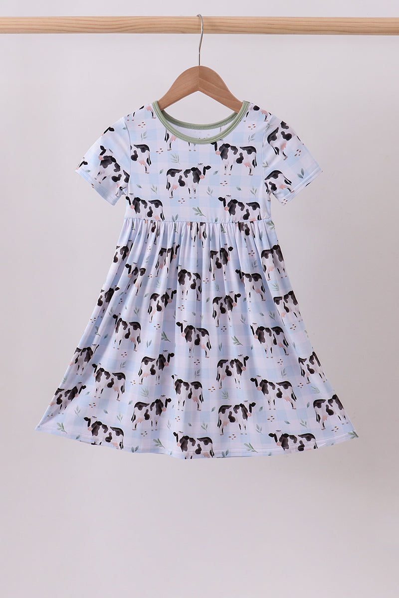 Blue cow print bamboo gingham dress - Aaria Tees