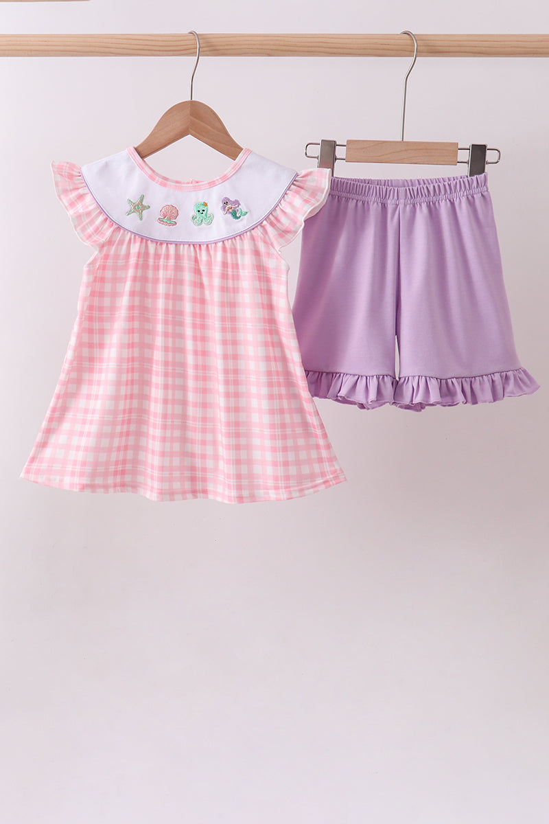 Pink octopus starfish embroidery plaid ruffle shorts set - Aaria Tees