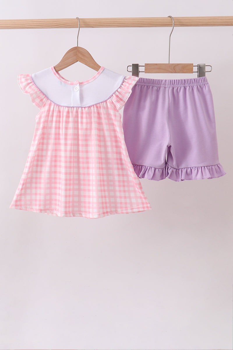 Pink octopus starfish embroidery plaid ruffle shorts set - Aaria Tees Aaria Tees
