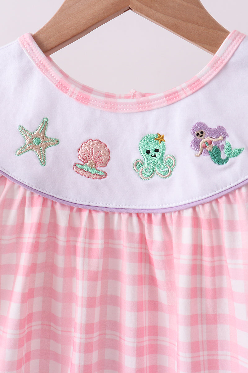 Pink octopus starfish embroidery plaid ruffle shorts set - Aaria Tees Aaria Tees