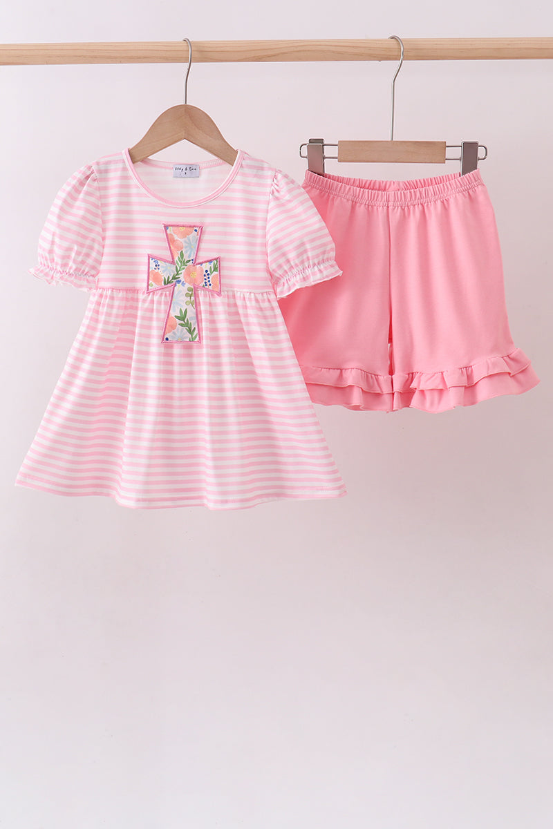 Pink stripe cross applique ruffle shorts set - Aaria Tees Aaria Tees
