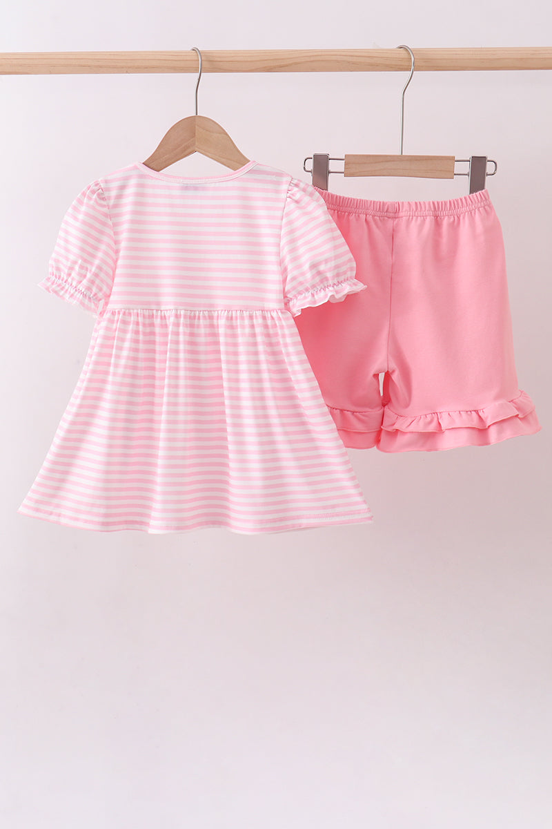 Pink stripe cross applique ruffle shorts set - Aaria Tees Aaria Tees