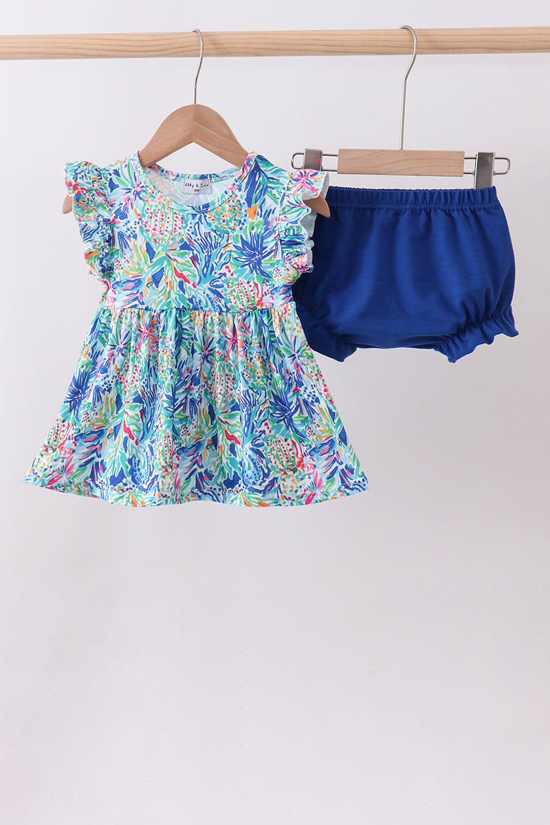 Blue floral print ruffle bloomer set - Aaria Tees