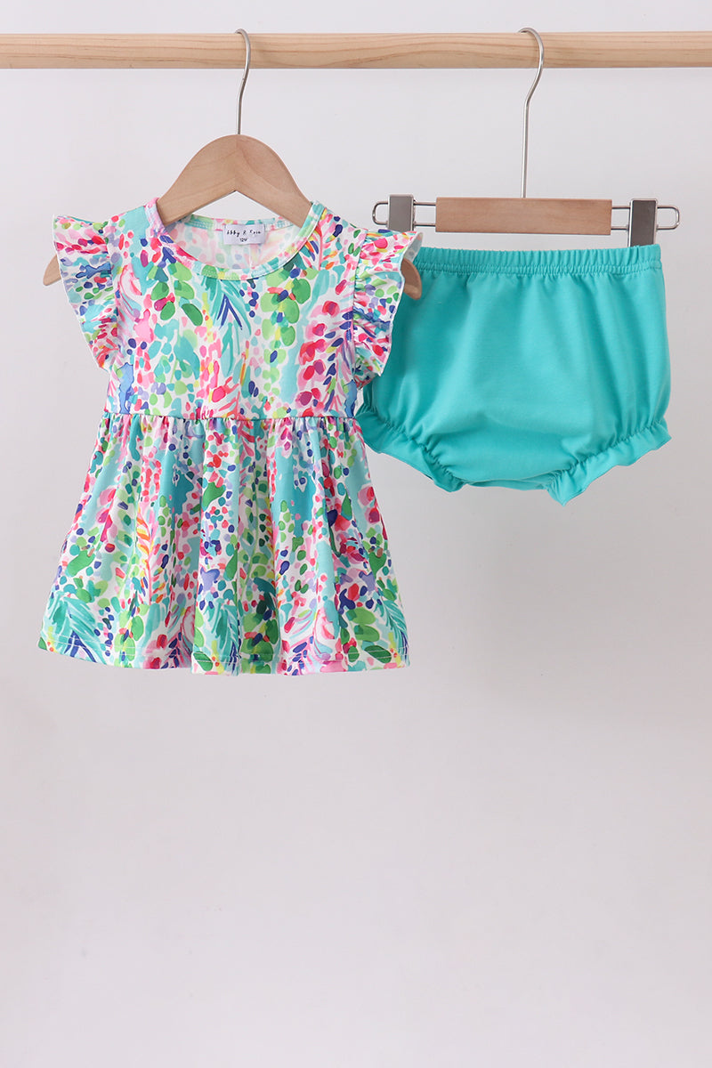 Blue bright floral ruffle bloomer set - Aaria Tees