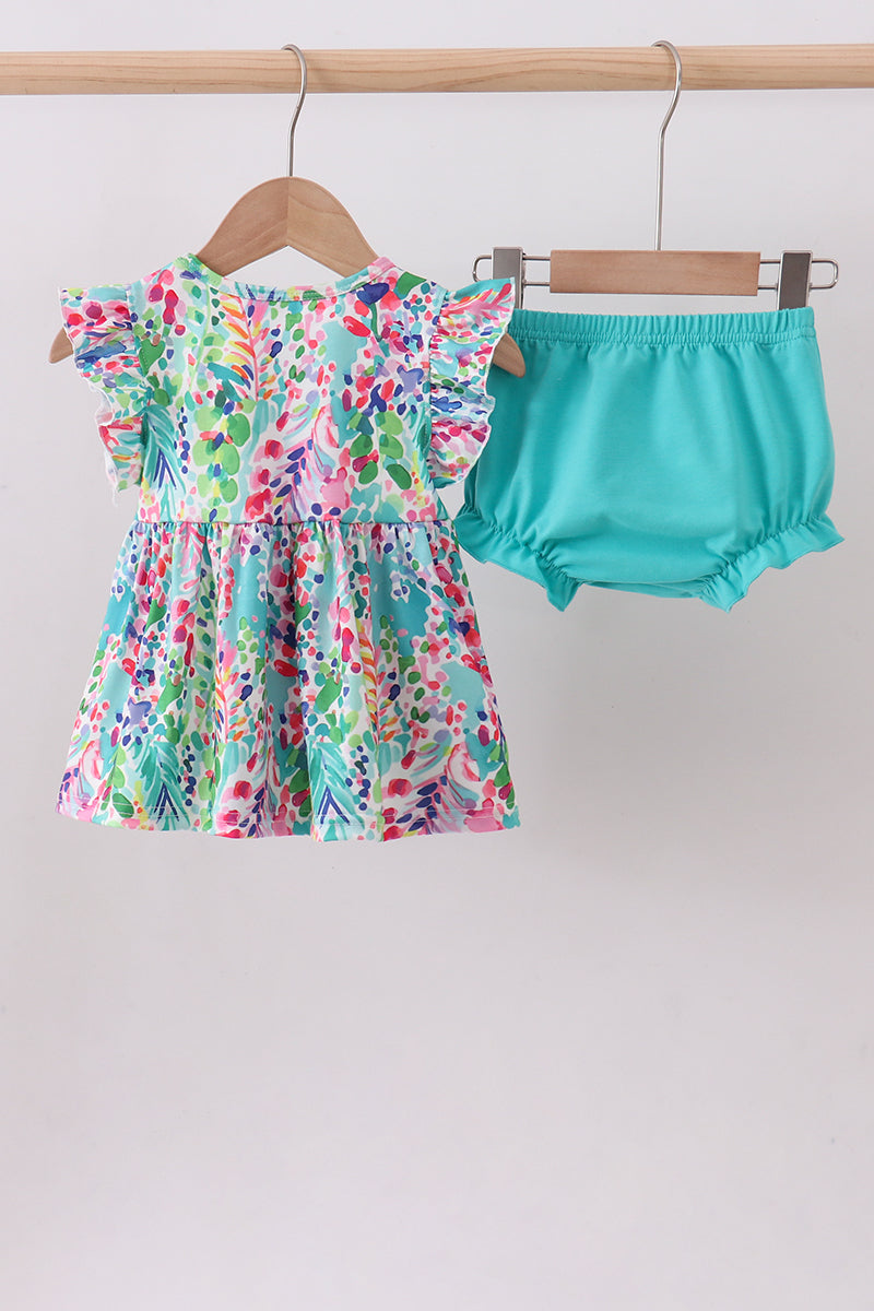 Blue bright floral ruffle bloomer set - Aaria Tees Aaria Tees
