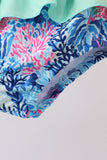 Blue marine creature print ruffle 2pc swimsuit - Aaria Tees Aaria Tees