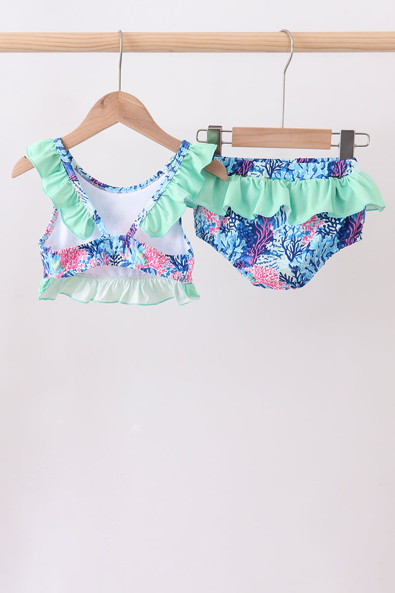 Blue marine creature print ruffle 2pc swimsuit - Aaria Tees Aaria Tees