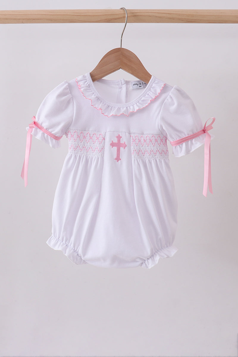 White cross smocked ruffle bubble - Aaria Tees Aaria Tees