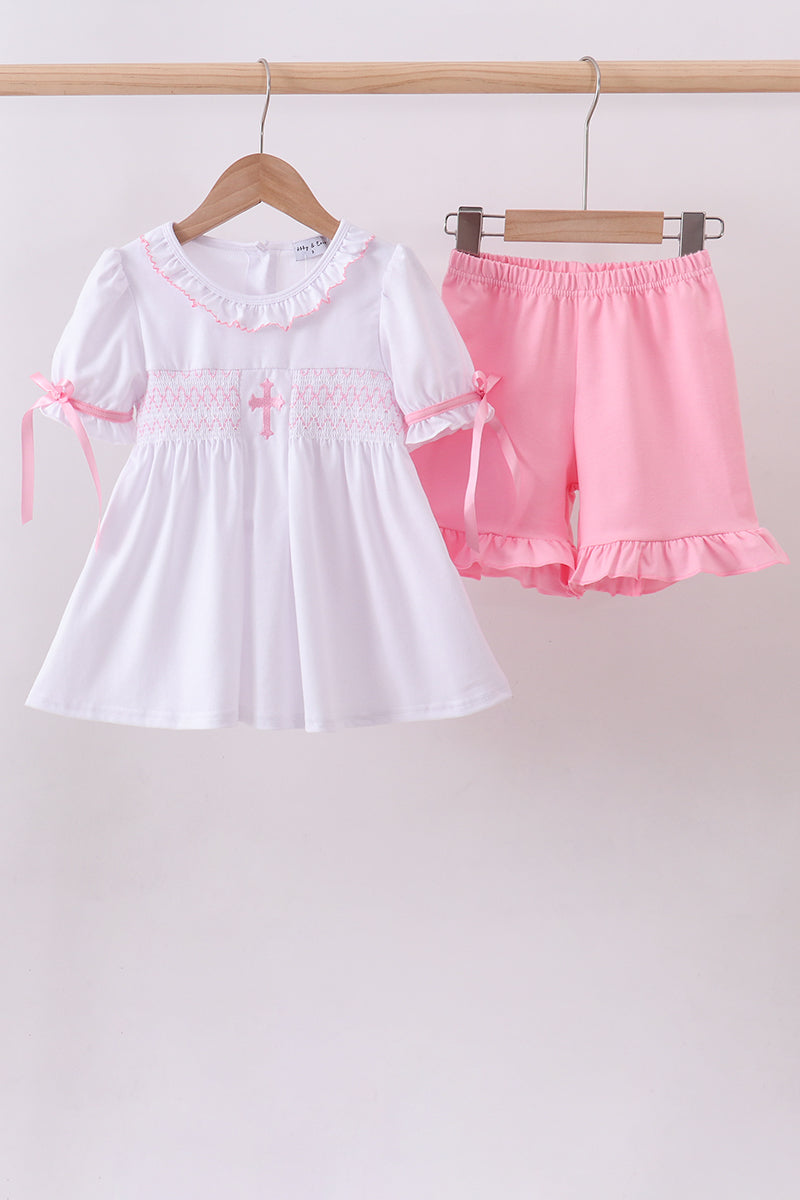 White cross smocked ruffle shorts set - Aaria Tees Aaria Tees