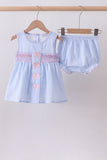 Blue seersucker bow smocked bloomer set - Aaria Tees Aaria Tees