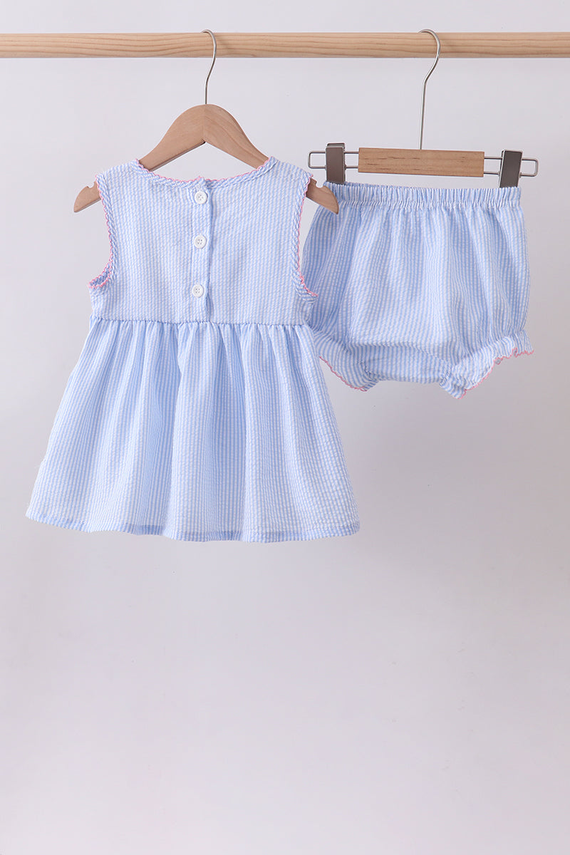 Blue seersucker bow smocked bloomer set - Aaria Tees Aaria Tees
