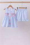 Blue seersucker bow smocked ruffle shorts set Aaria Tees