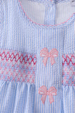Blue seersucker bow smocked ruffle shorts set Aaria Tees