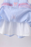 Blue seersucker bow smocked ruffle shorts set Aaria Tees