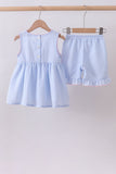 Blue seersucker bow smocked ruffle shorts set Aaria Tees