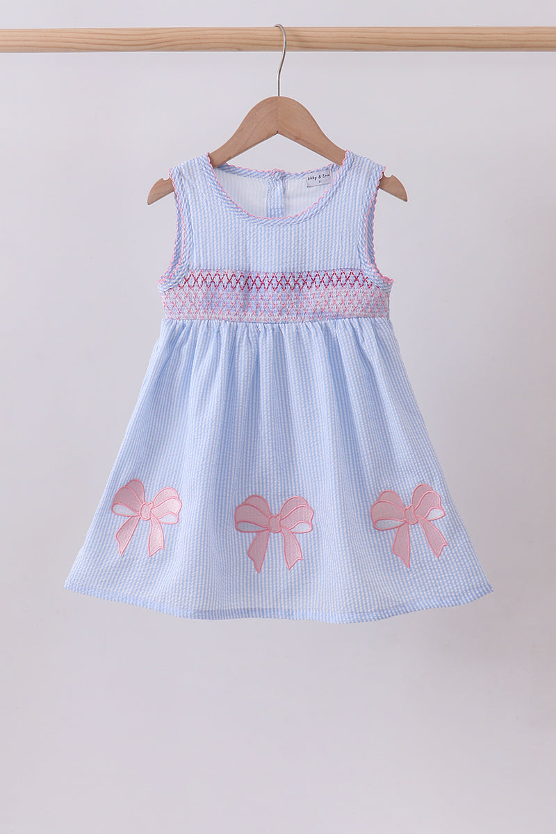 Blue seersucker bow smocked dress - Aaria Tees Aaria Tees
