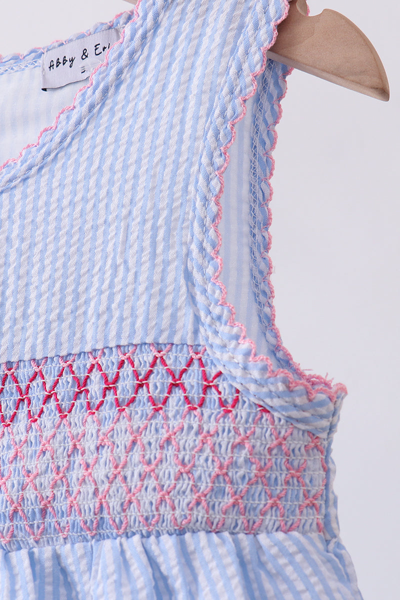 Blue seersucker bow smocked dress - Aaria Tees Aaria Tees