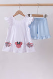 Blue character fireworks embroidery gingham ruffle shorts set - Aaria Tees Aaria Tees