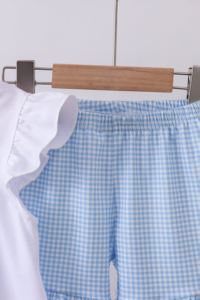 Blue character fireworks embroidery gingham ruffle shorts set - Aaria Tees Aaria Tees