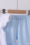 Blue character fireworks embroidery gingham ruffle shorts set - Aaria Tees Aaria Tees
