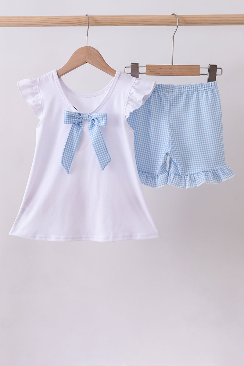 Blue character fireworks embroidery gingham ruffle shorts set - Aaria Tees Aaria Tees