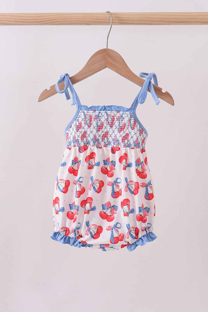 Blue cherry smocked ruffle bubble - Aaria Tees Aaria Tees