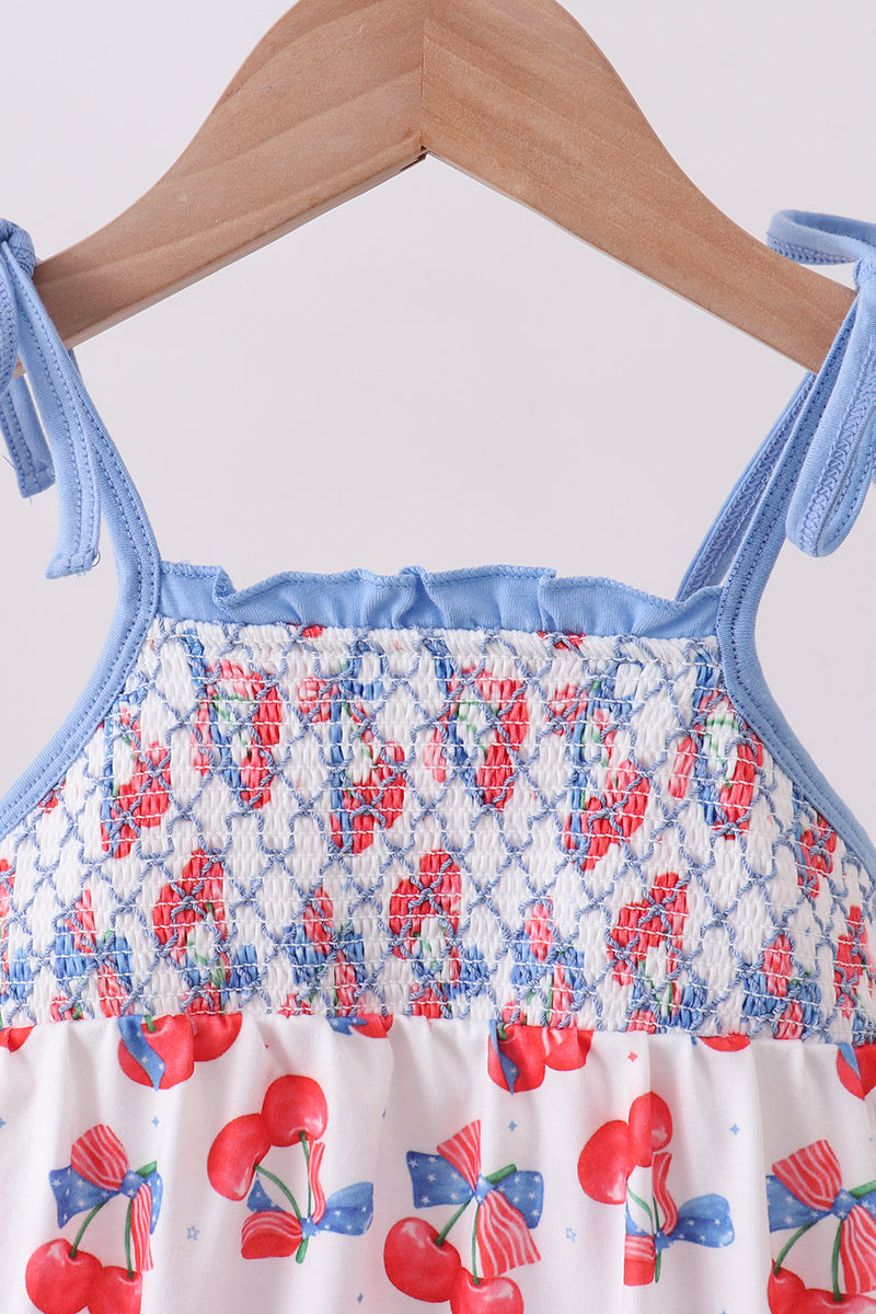 Blue cherry smocked ruffle bubble - Aaria Tees Aaria Tees