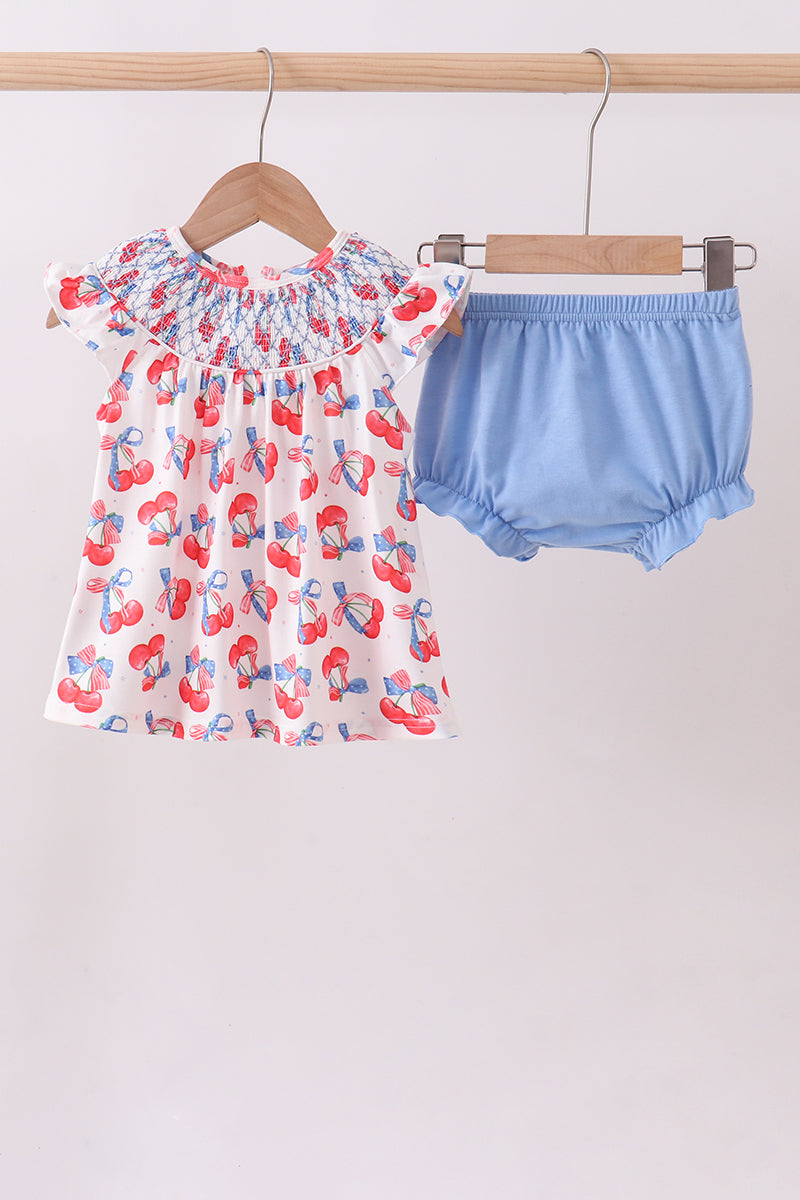 Blue cherry smocked bloomer set - Aaria Tees Aaria Tees