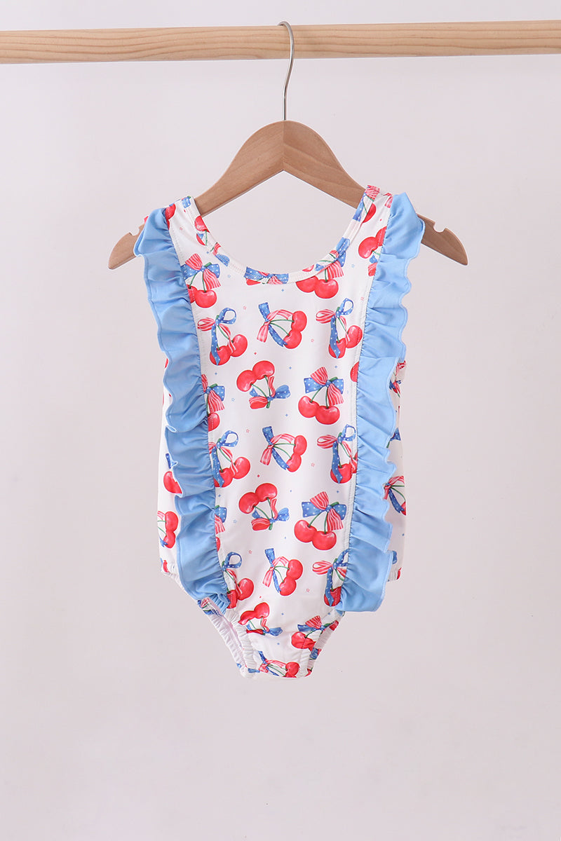 Blue cherry print ruffle swimsuit - Aaria Tees Aaria Tees