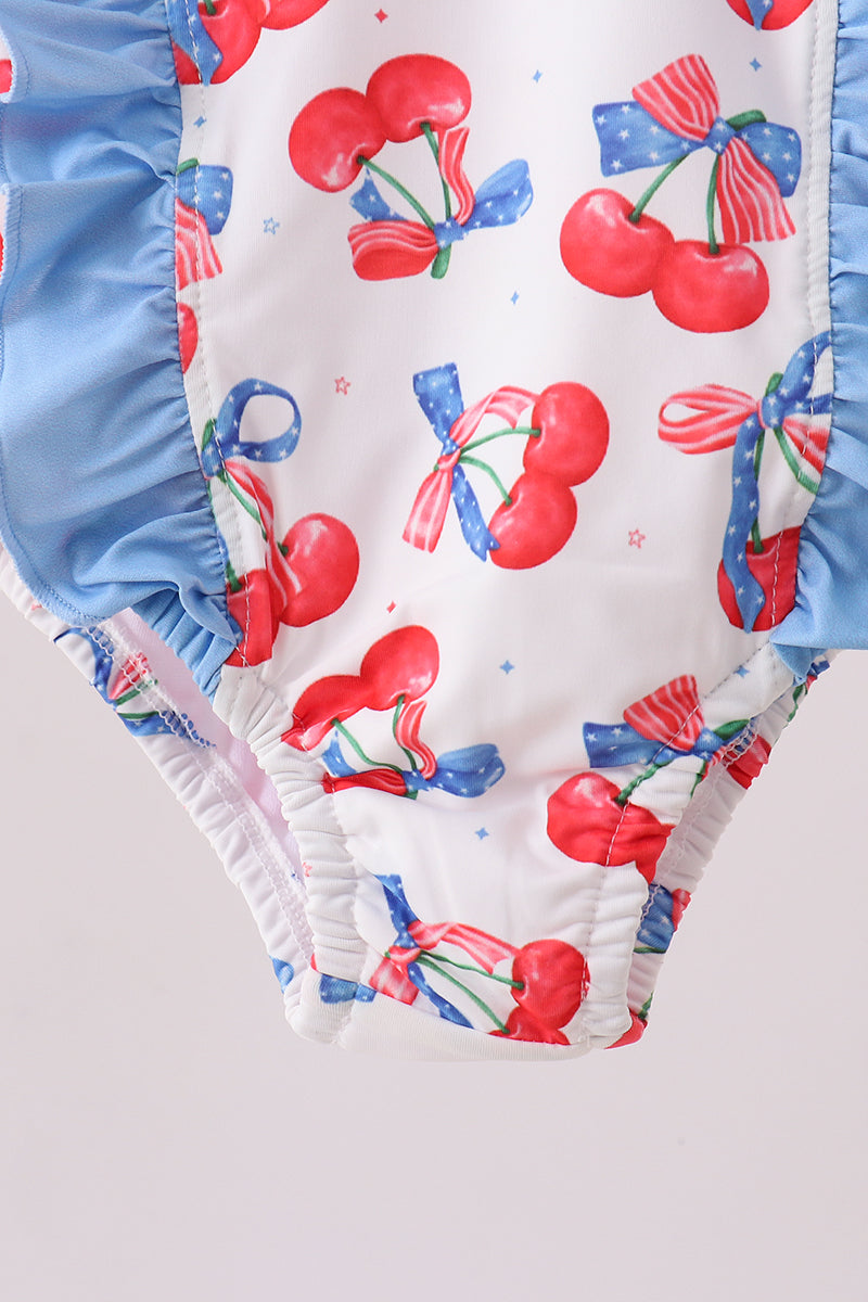 Blue cherry print ruffle swimsuit - Aaria Tees Aaria Tees