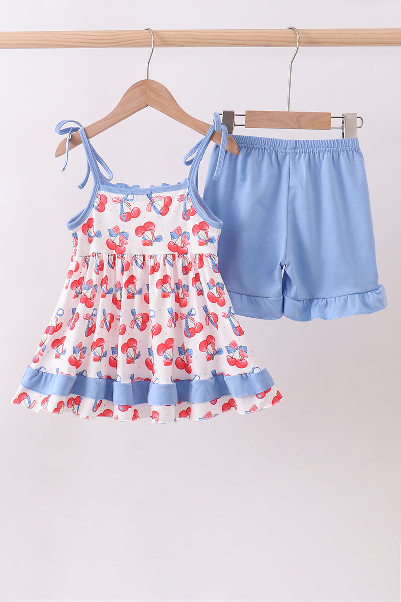 Blue cherry smocked ruffle shorts set - Aaria Tees Aaria Tees