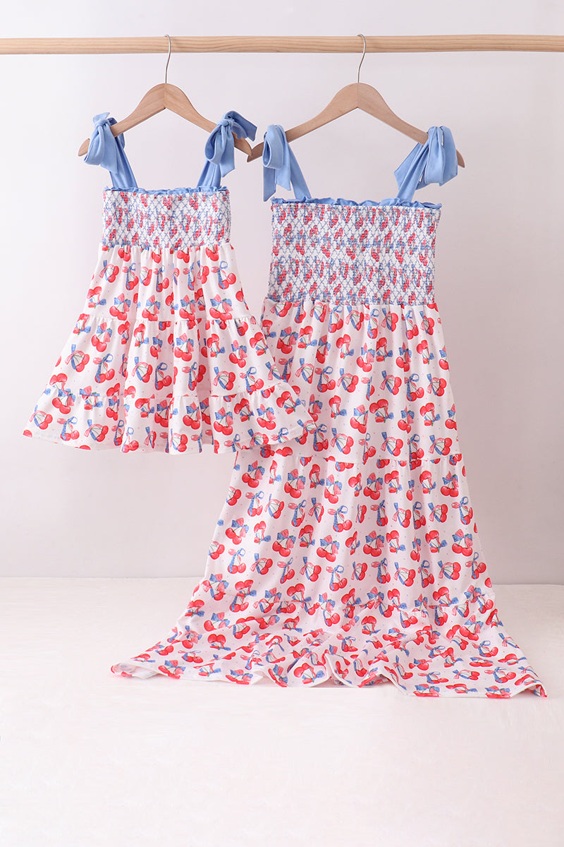 Blue cherry smocked tiered mom&me dress - Aaria Tees Aaria Tees