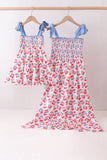Blue cherry smocked tiered mom&me dress - Aaria Tees Aaria Tees