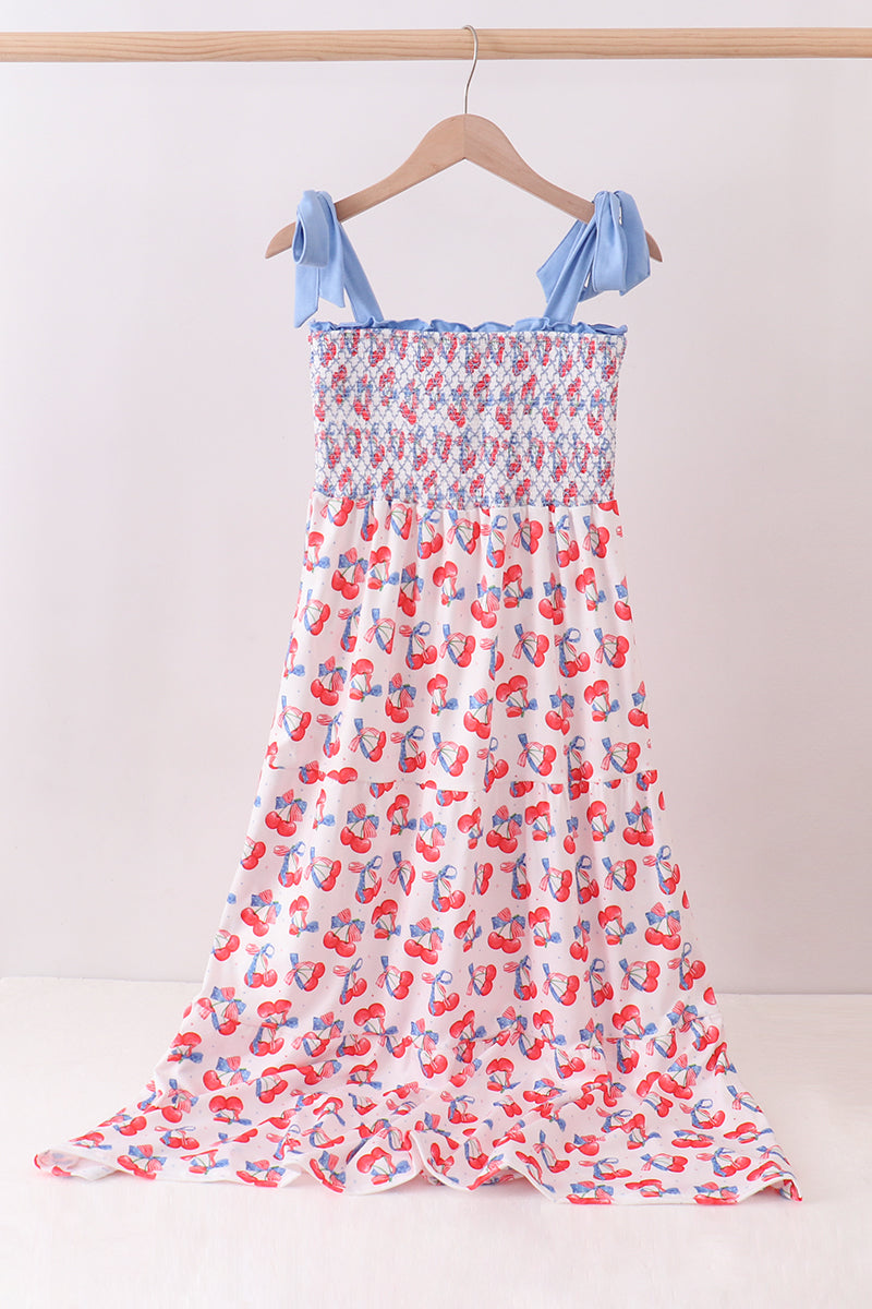 Blue cherry smocked tiered mom&me dress - Aaria Tees Aaria Tees