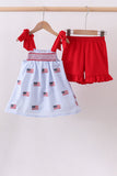 Blue flag embroidery seersucker ruffle shorts set Aaria Tees