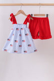 Blue flag embroidery seersucker ruffle shorts set Aaria Tees