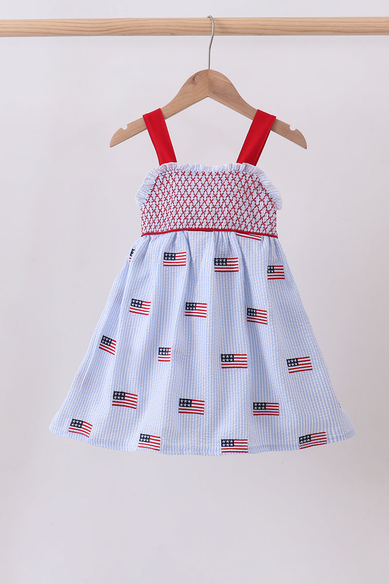 Blue flag embroidery seersucker ruffle dress - Aaria Tees Aaria Tees