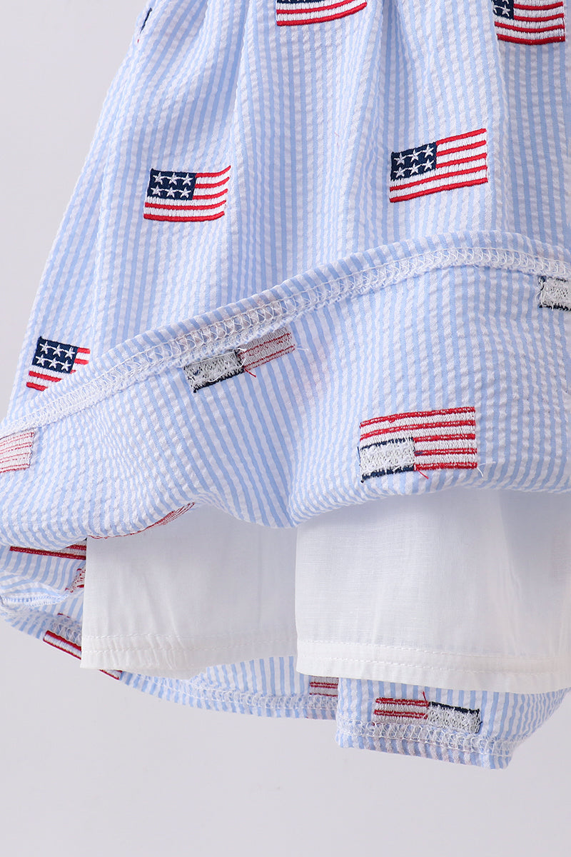 Blue flag embroidery seersucker ruffle dress - Aaria Tees Aaria Tees