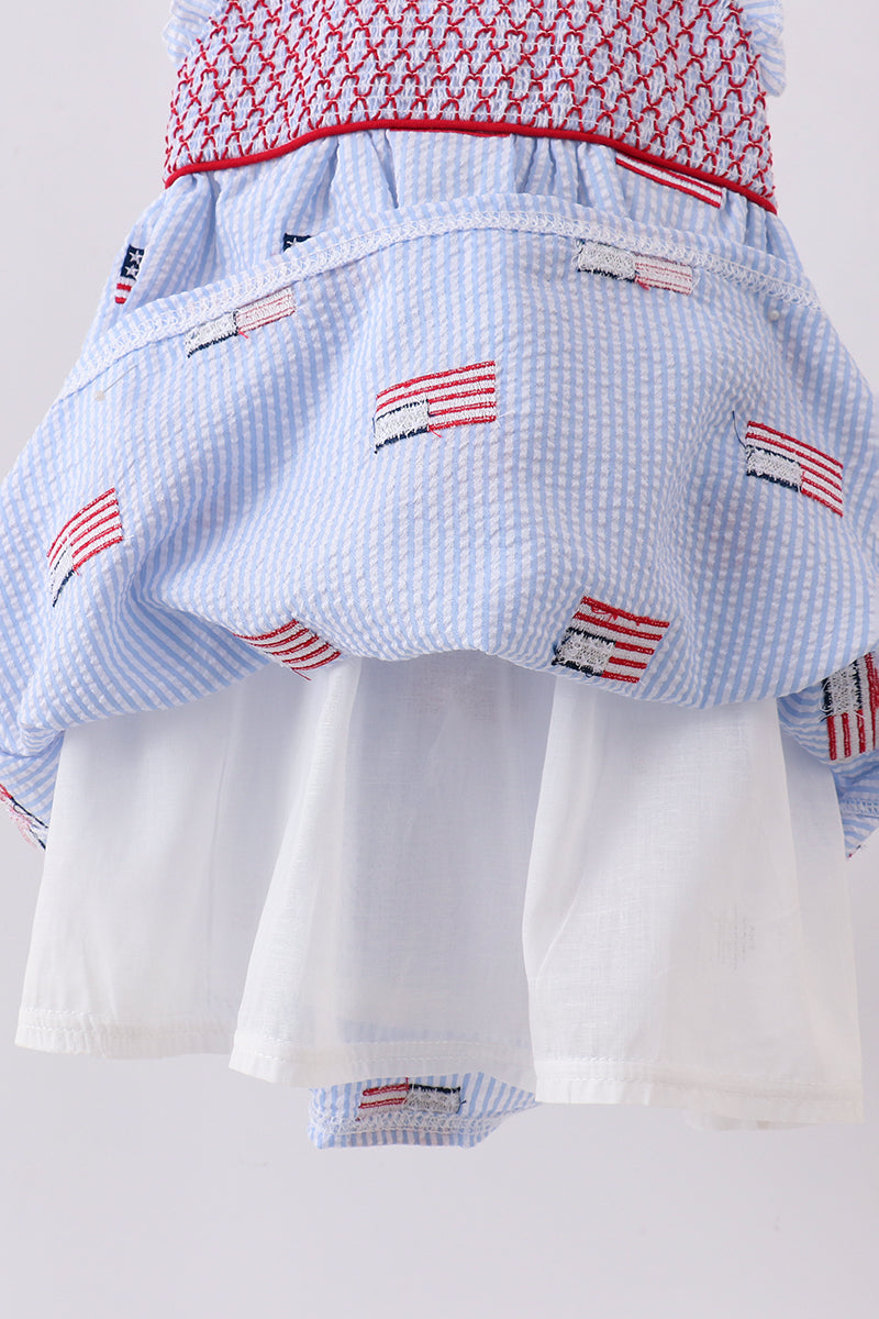 Blue flag embroidery seersucker ruffle dress - Aaria Tees Aaria Tees