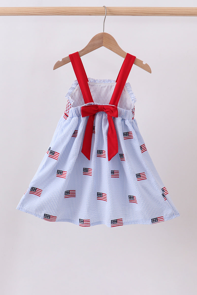 Blue flag embroidery seersucker ruffle dress - Aaria Tees Aaria Tees