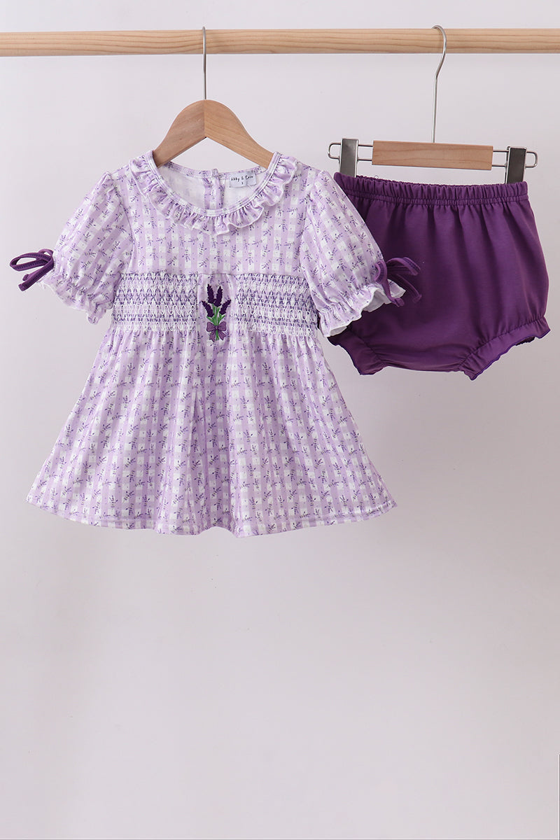 Lavender floral smocked ruffle bloomer set - Aaria Tees Aaria Tees