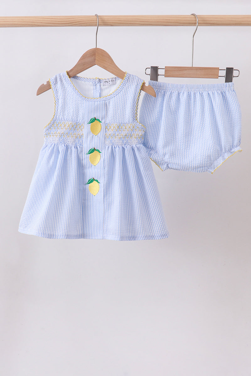 Blue lemon embroidery seersucker bloomer set - Aaria Tees