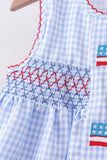 Blue flag smocked woven gingham bloomer set Aaria Tees