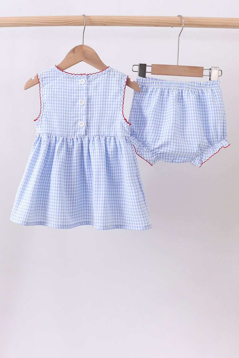 Blue flag smocked woven gingham bloomer set - Aaria Tees Aaria Tees