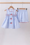 Blue flag smocked woven gingham ruffle shorts set Aaria Tees